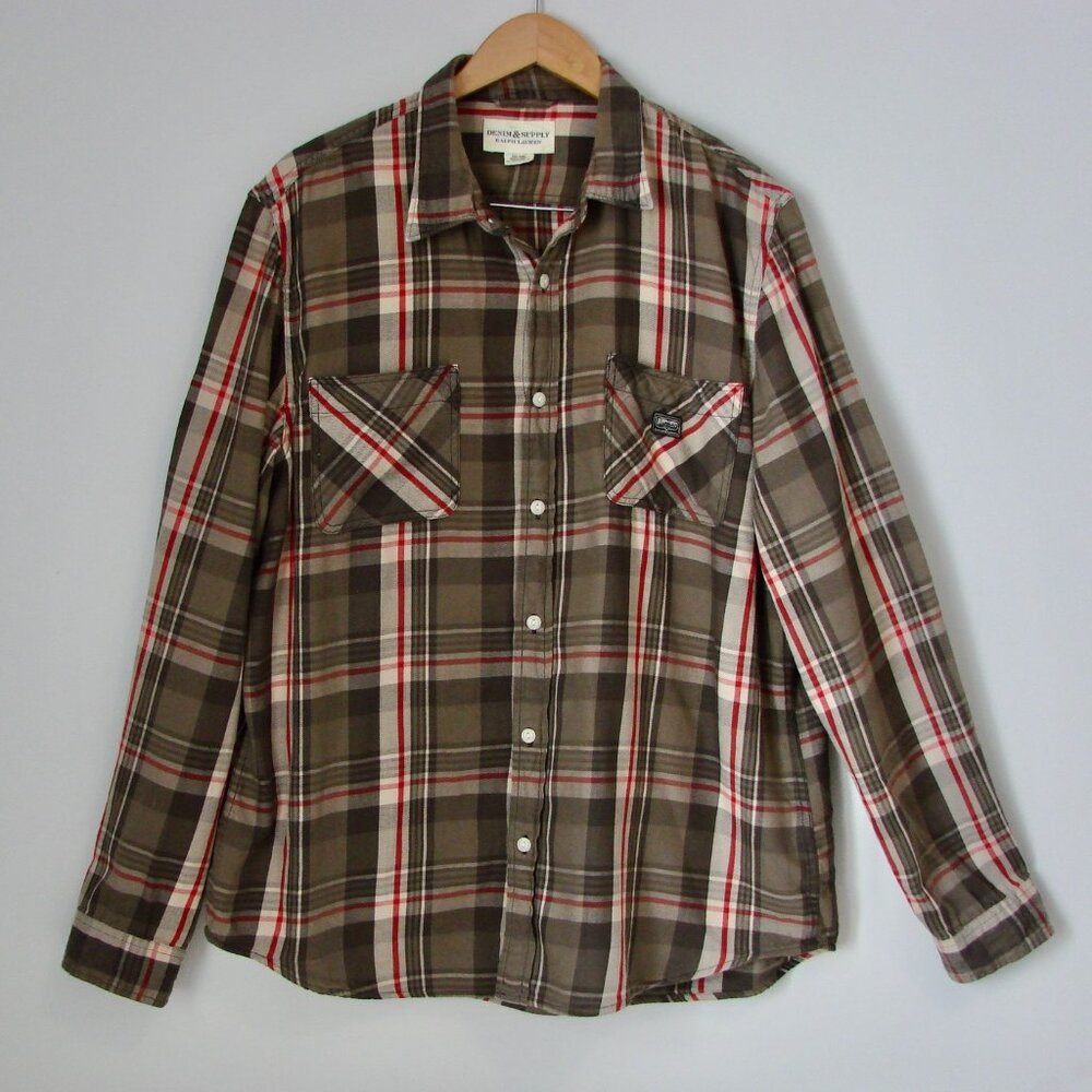 Ralph Lauren Denim & Supply Plaid Shirt Western Festival Brown Tan Red XXL